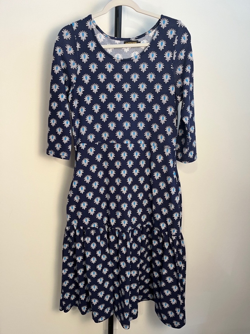 Reborn Navy Blue Knit Boho Print Tiered Casual Dress Pockets Medium
